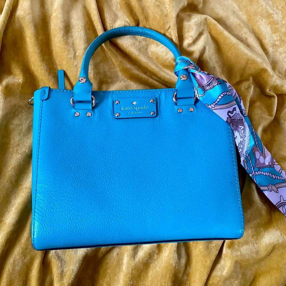 Kate Spade Wellesley Quinn bluish teal leather tote bag, 10"w x 8"h x 4"d